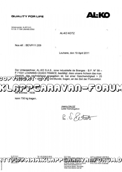 100er Bestätigung FTF Achse von AL-KO für Typ BT 9607